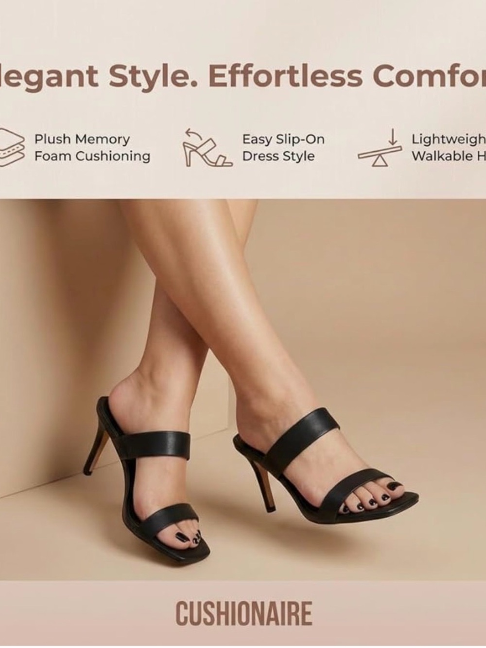 Cushionaire Prize Two Band Dress Sandal in black size 7.5